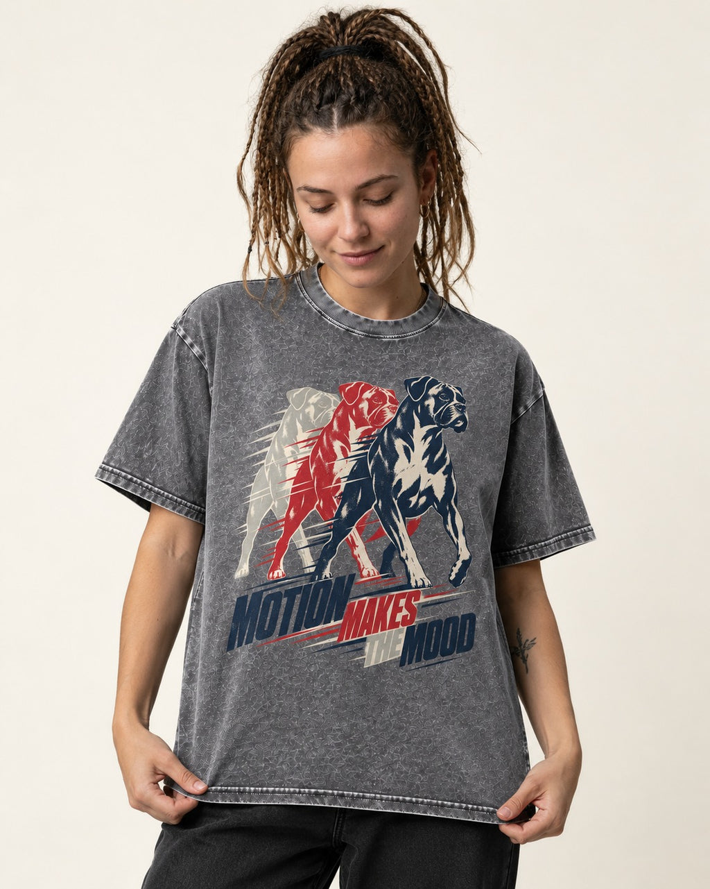 Boxer Motion Makes the Mood Washed Tee in Gray, worn by a model