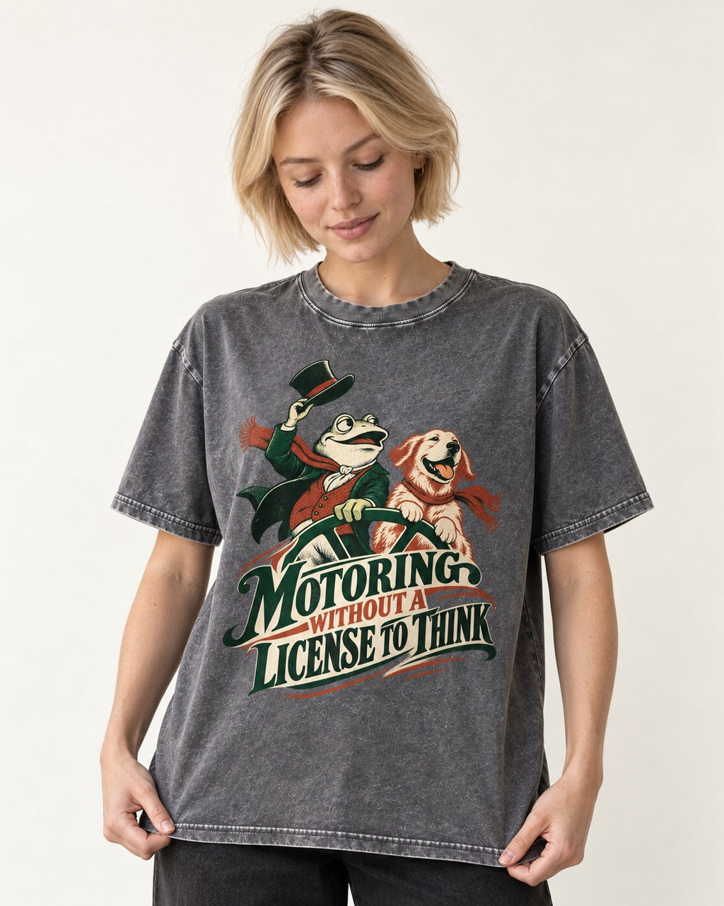 Golden Retriever Motoring Without a License to Think Driving Graphic Washed Tee in Gray, worn by a model