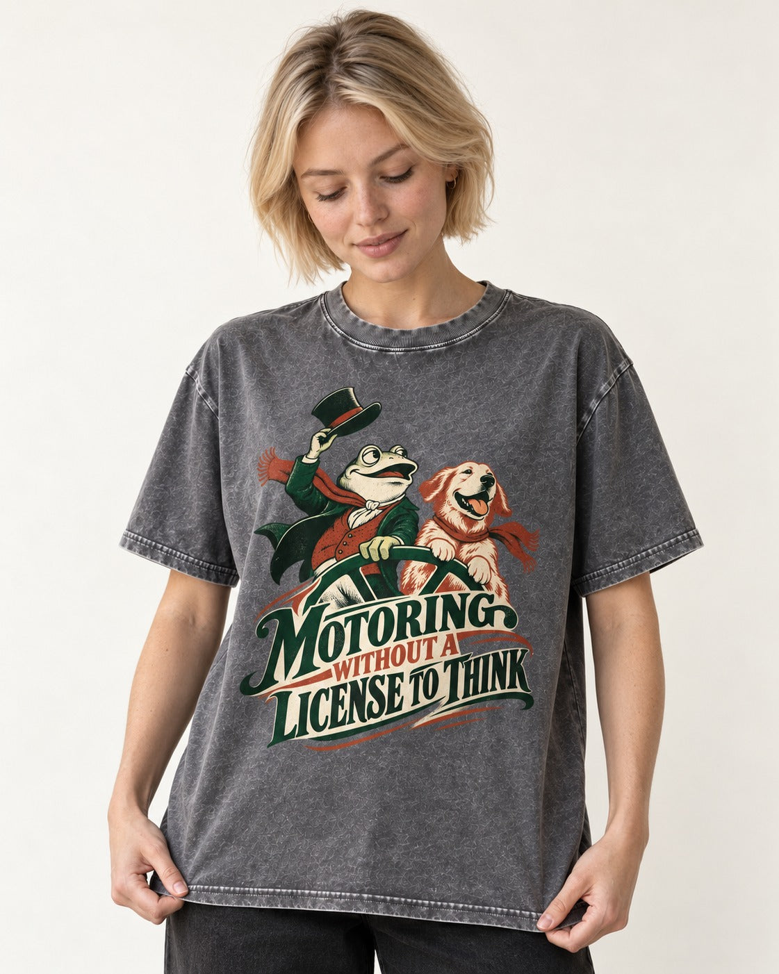 Golden Retriever Motoring Without a License to Think Driving Graphic Washed Tee in Gray, worn by a model