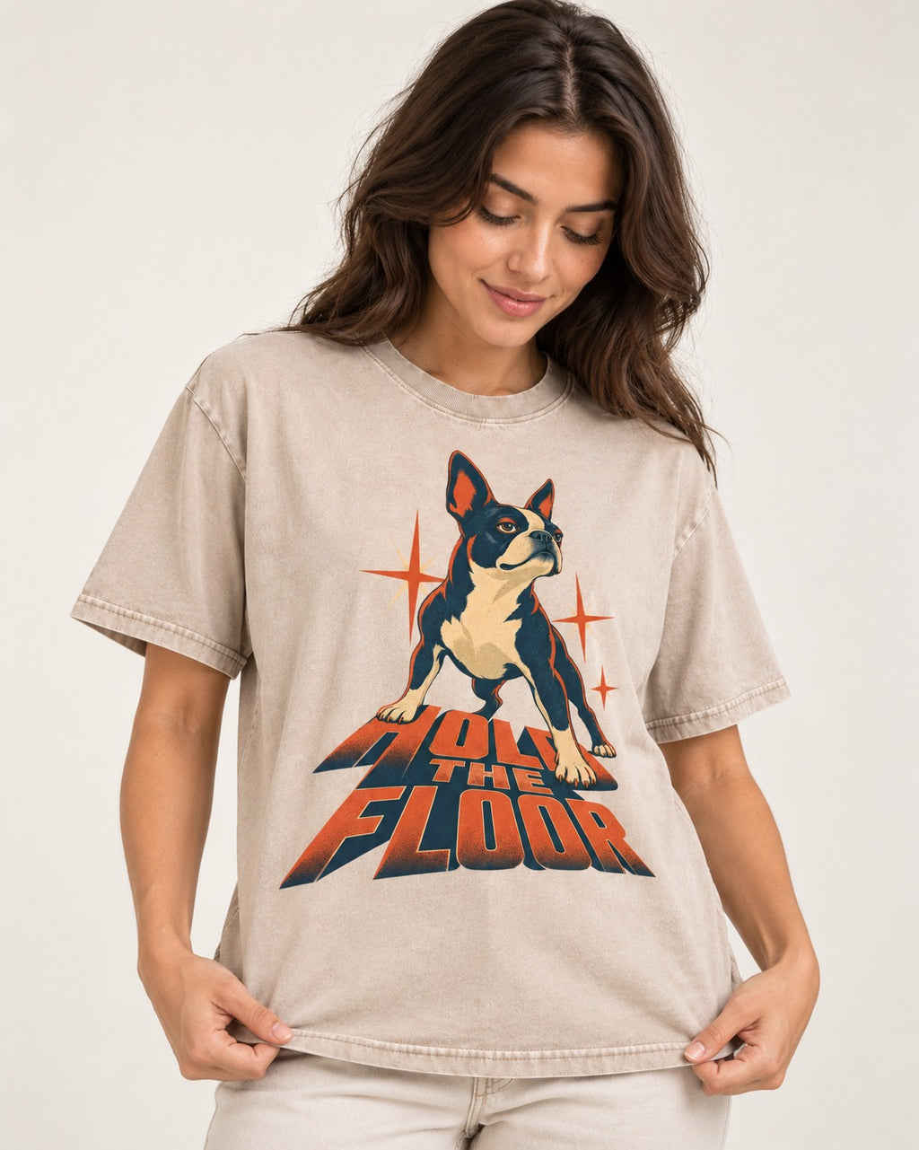 Boston Terrier On The Floor Perspective Graphic Washed Tee in Apricot, worn by a model