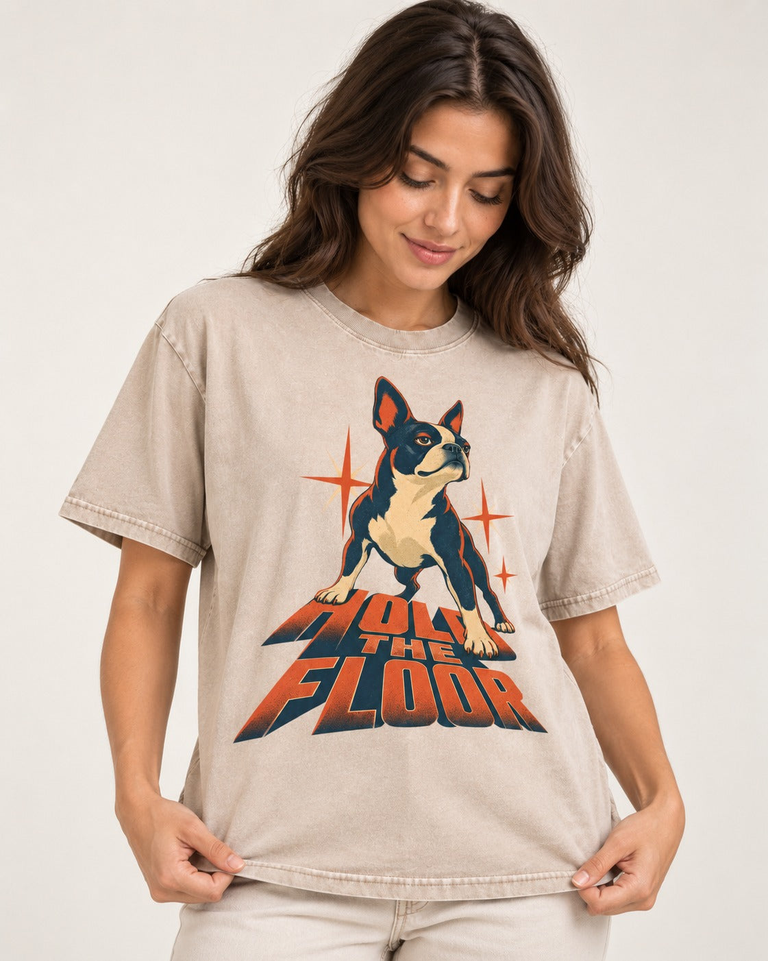 Boston Terrier On The Floor Perspective Graphic Washed Tee in Apricot, worn by a model
