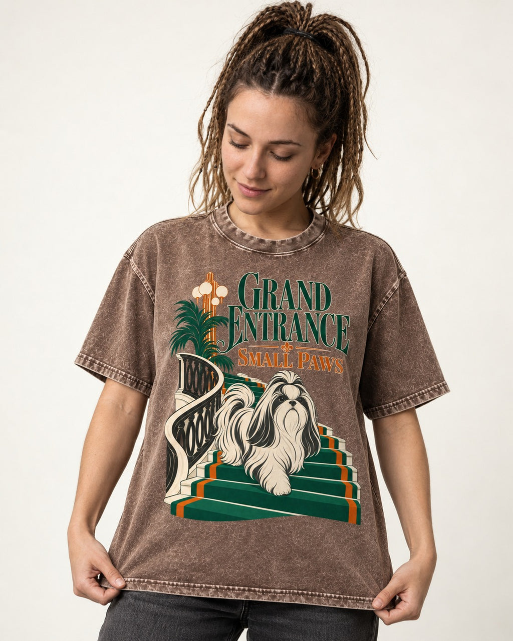 Shih Tzu Grand Entrance Small Paws Staircase Graphic Washed Tee in Coffee, worn by a model