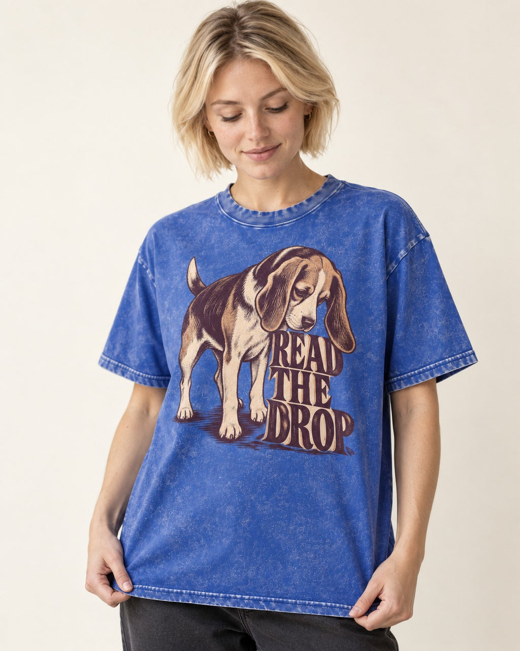 Beagle Read The Drop Washed Tee in Royal Blue, worn by a model
