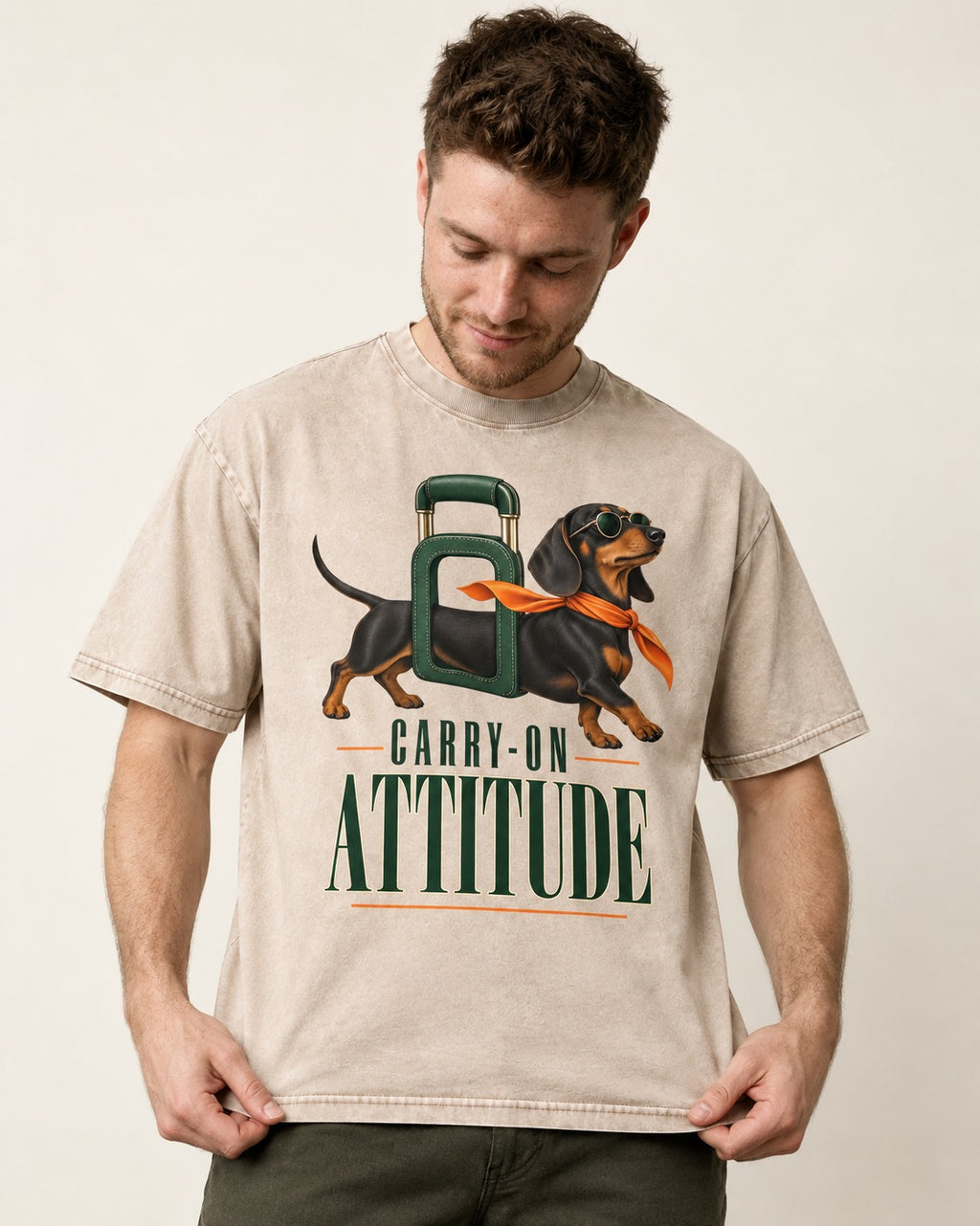 Dachshund Carry on Attitude Washed Tee in Apricot, worn by a model