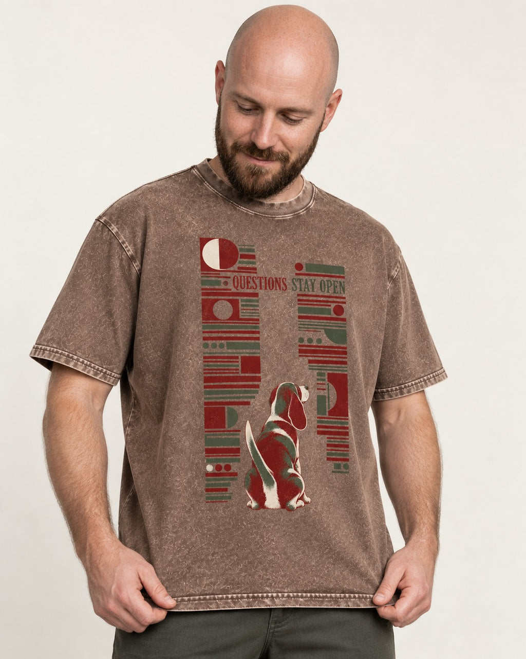 Beagle Questions Stay Open Washed Tee in Coffee, worn by a model