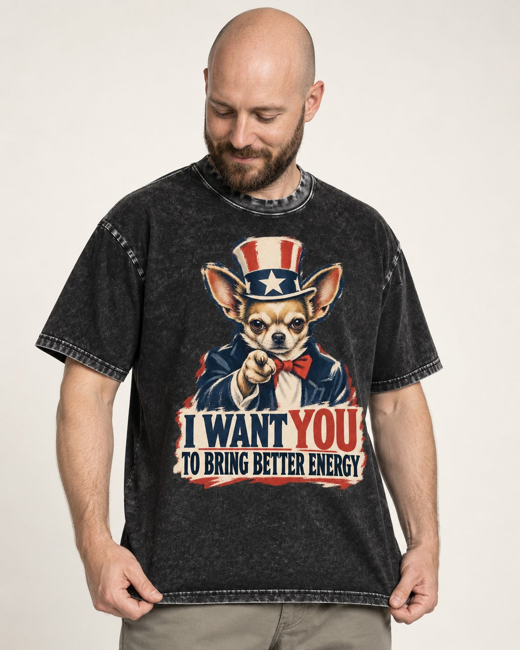 Chihuahua I Want You to Bring Better Energy Uncle Sam Graphic Washed Tee in Black, worn by a model