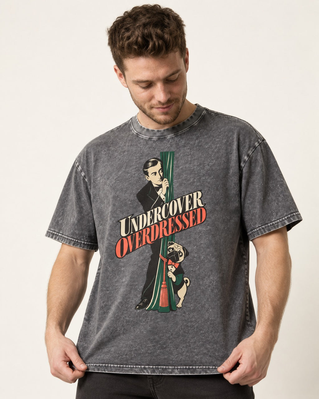 Undercover Overdressed Pug Washed Tee in Gray, worn by a model