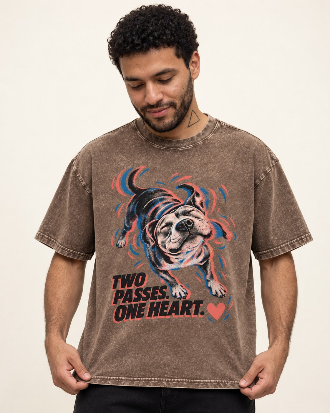 Two Passes One Heart Pitbull Washed Tee in Coffee, worn by a model