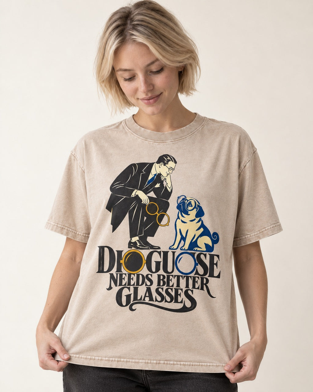 Pug Needs Better Glasses Washed Tee in Apricot, worn by a model