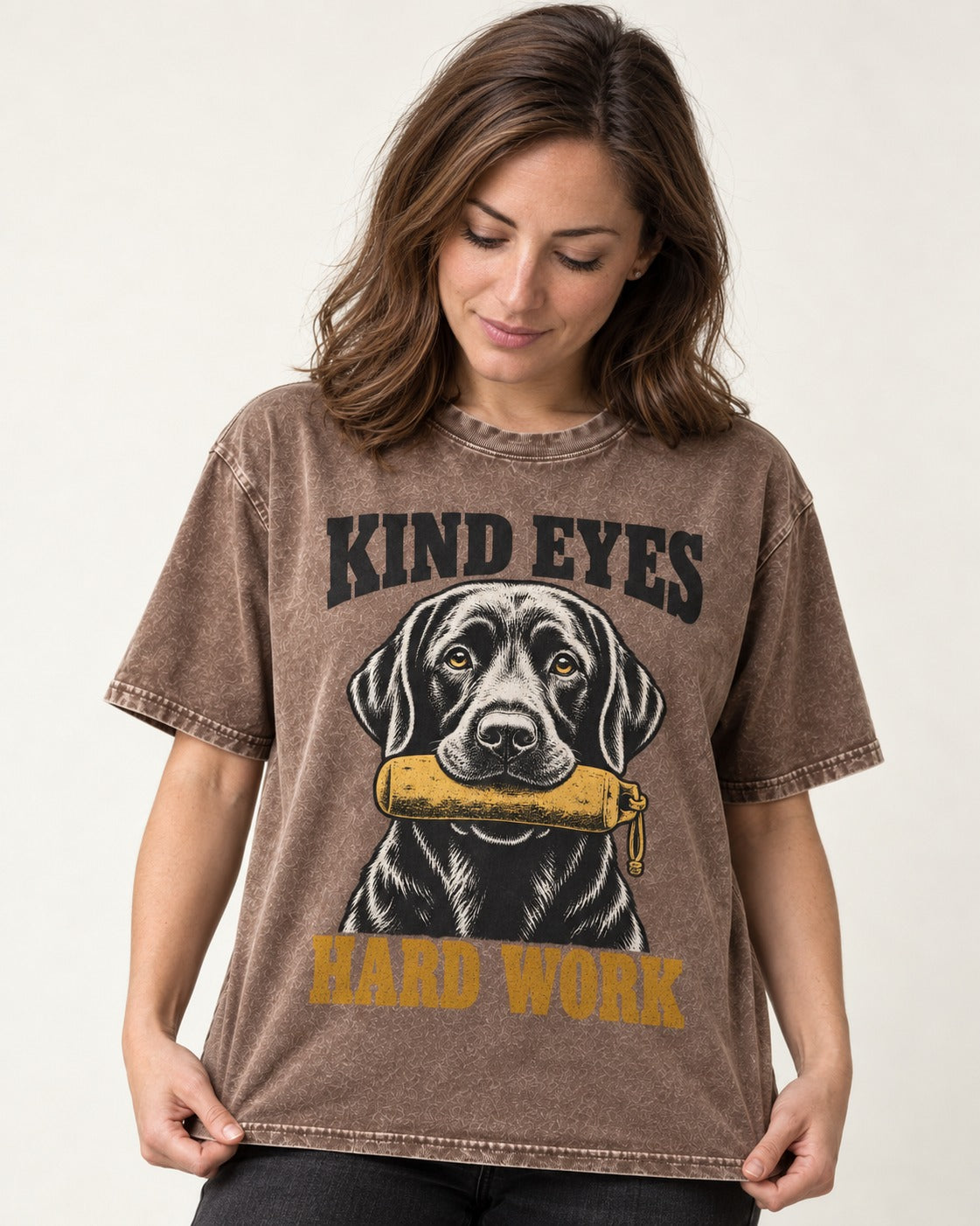 Kind Eyes Hard Work Labrador Retriever Washed Tee in Coffee, worn by a model
