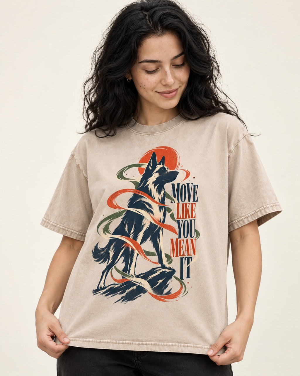 German Shepherd Dog Mean It Washed Tee in Apricot, worn by a model