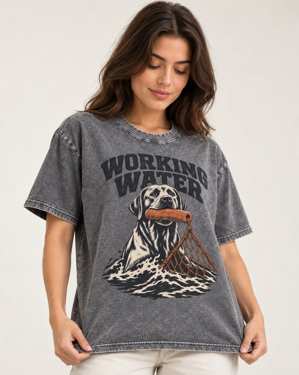 Working Water Labrador Retriever Washed Tee in Gray, worn by a model