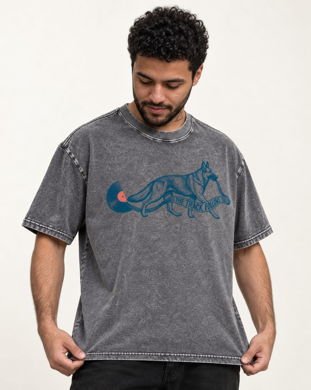 German Shepherd Dog The Track Follows You Washed Tee in Gray, worn by a model