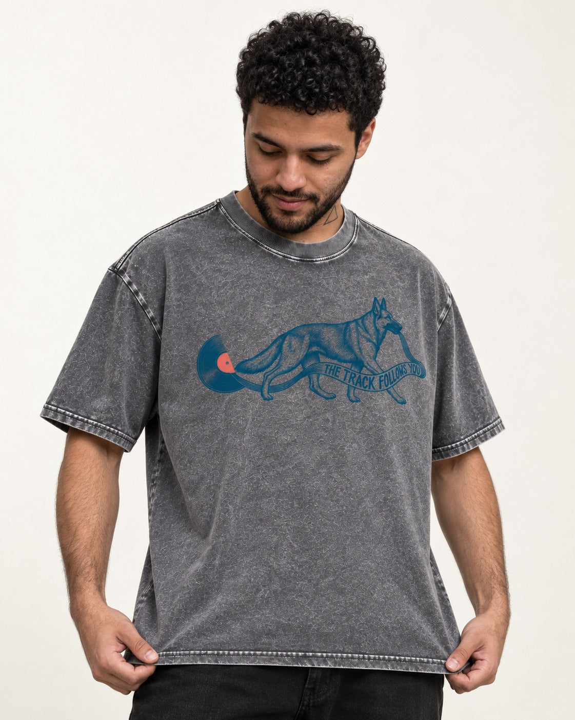 German Shepherd Dog The Track Follows You Washed Tee in Gray, worn by a model