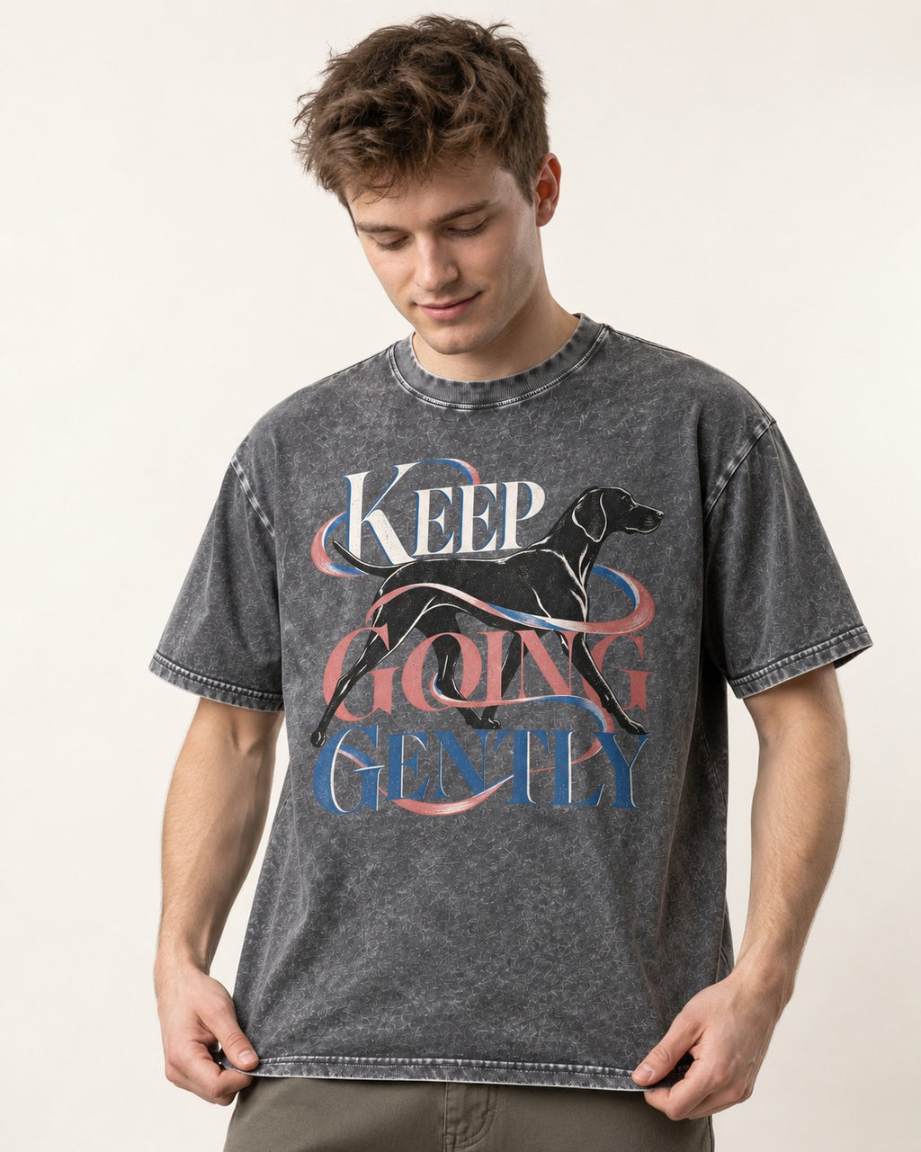 German Shorthaired Pointer Keep Going Gently Walking Graphic Washed Tee in Gray, worn by a model