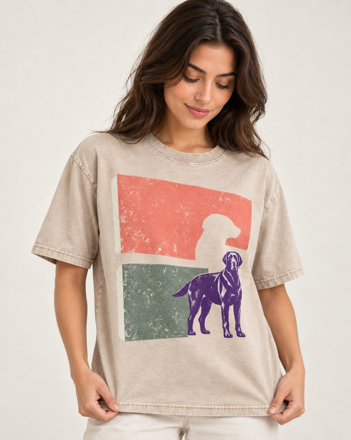 Labrador Retriever Field Test Brutalist Panels Graphic Washed Tee in Apricot, worn by a model