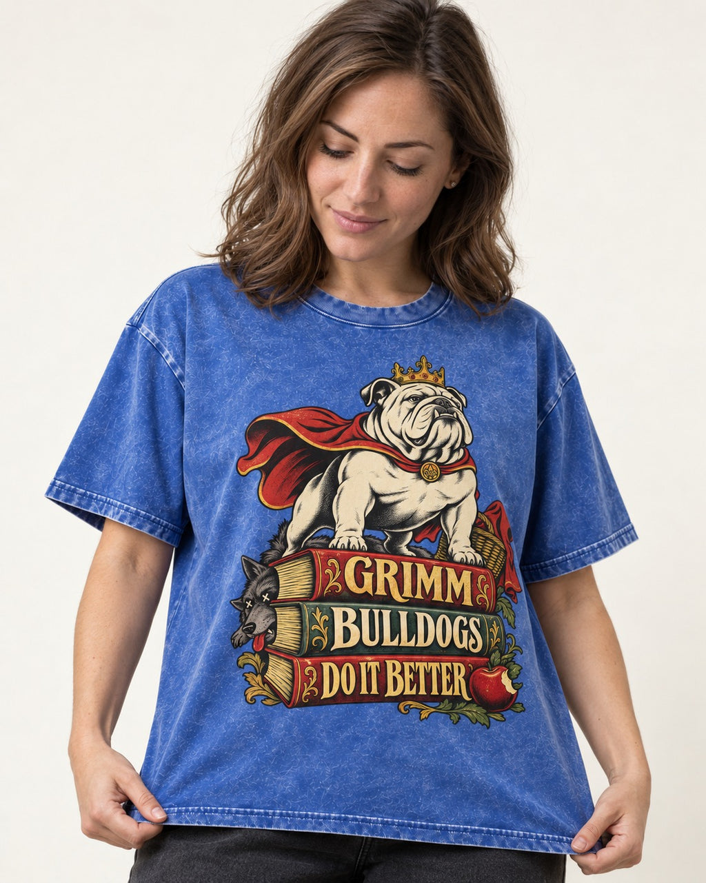 English Bulldog Grimm Bulldogs Do It Better Storybook Graphic Washed Tee in Royal Blue, worn by a model