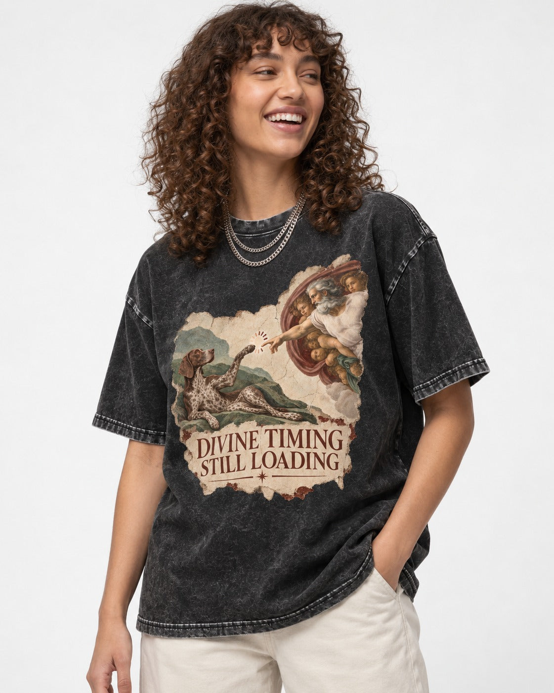 German Shorthaired Pointer Divine Timing Still Loading Creation Scene Graphic Washed Tee in Black, worn by a model