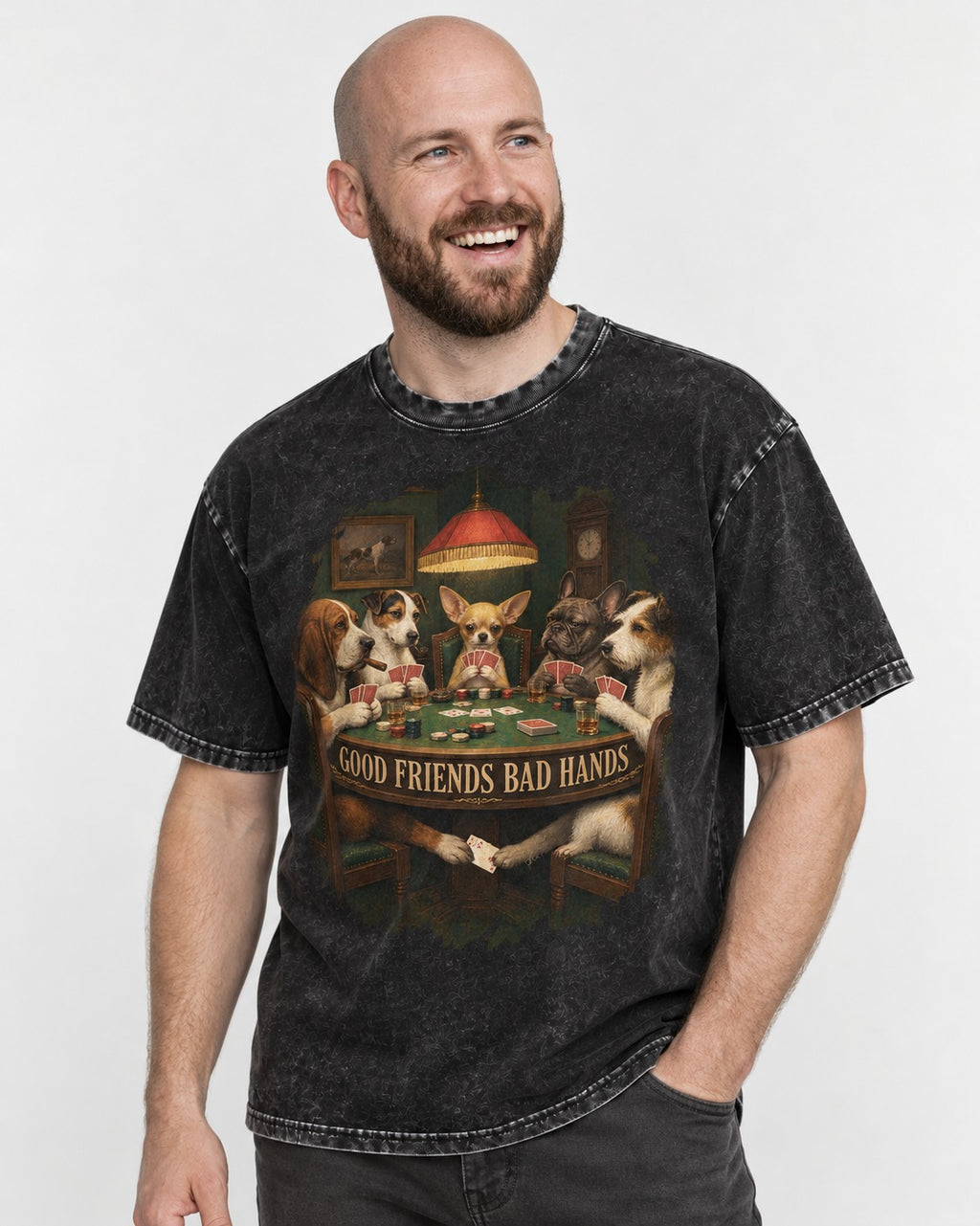 Good Friends Bad Hands Chihuahua Poker Scene Washed Tee in Black, worn by a model