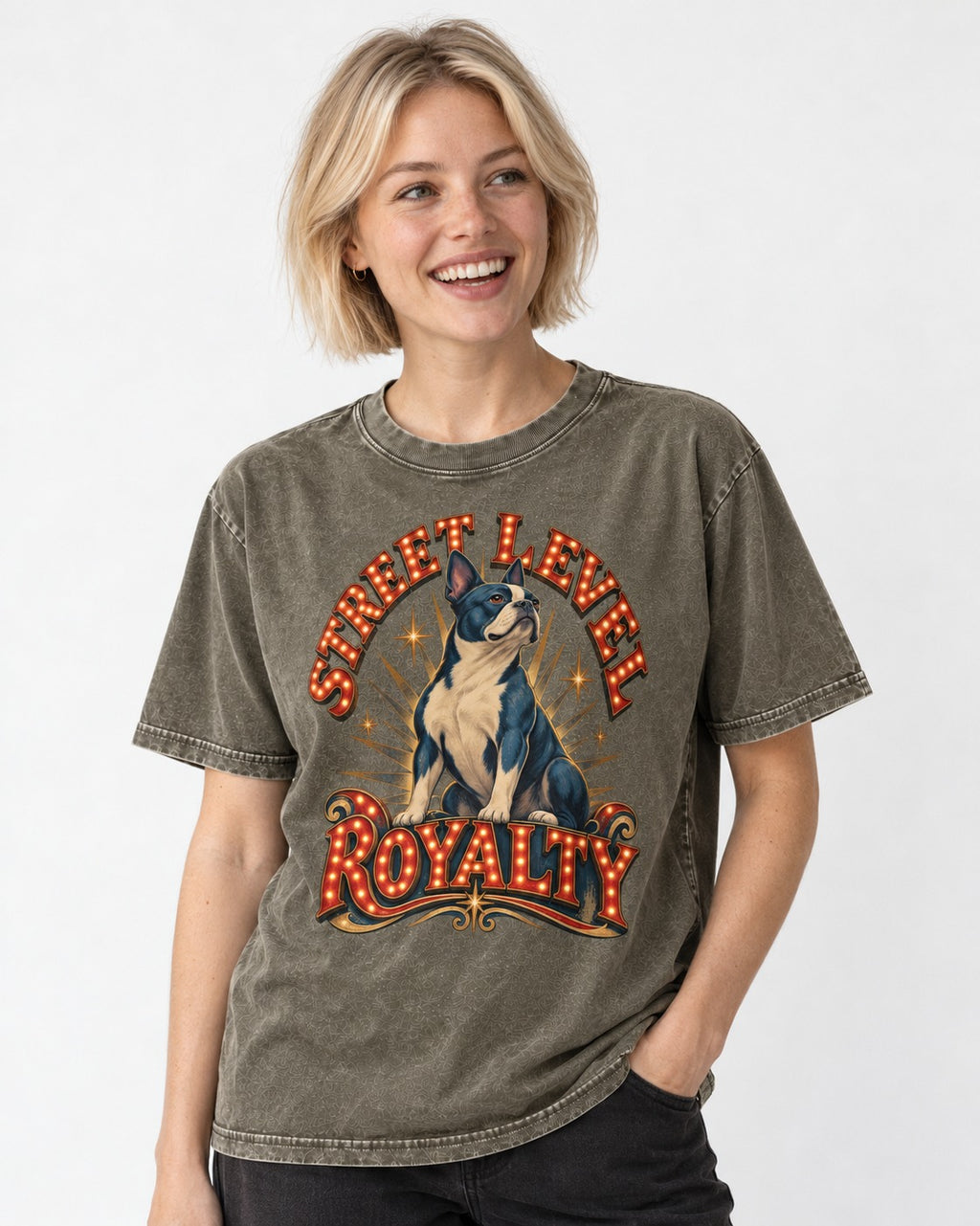 Street Level Royalty Boston Terrier Washed Tee in Army Green, worn by a model