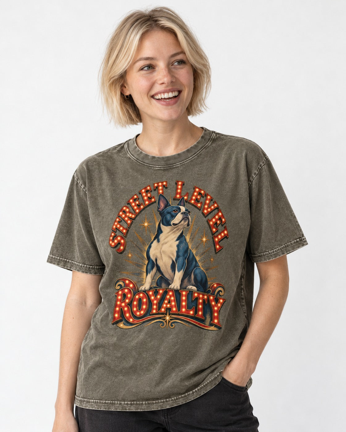Street Level Royalty Boston Terrier Washed Tee in Army Green, worn by a model