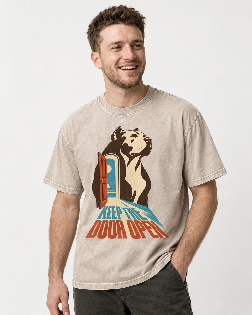 Keep the Door Open Pitbull Washed Tee in Apricot, worn by a model