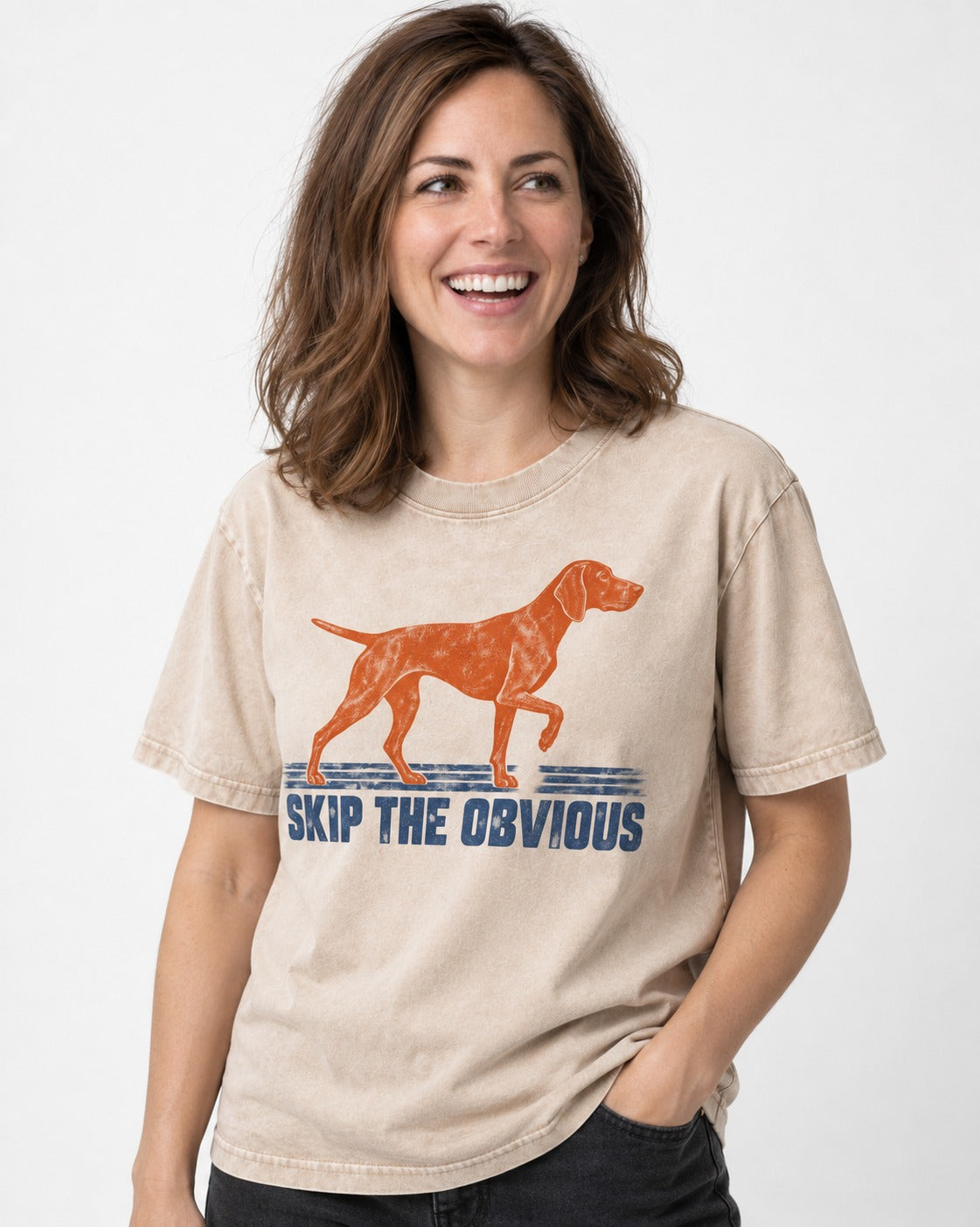 Skip the Obvious German Shorthaired Pointer Washed Tee in Apricot, worn by a model