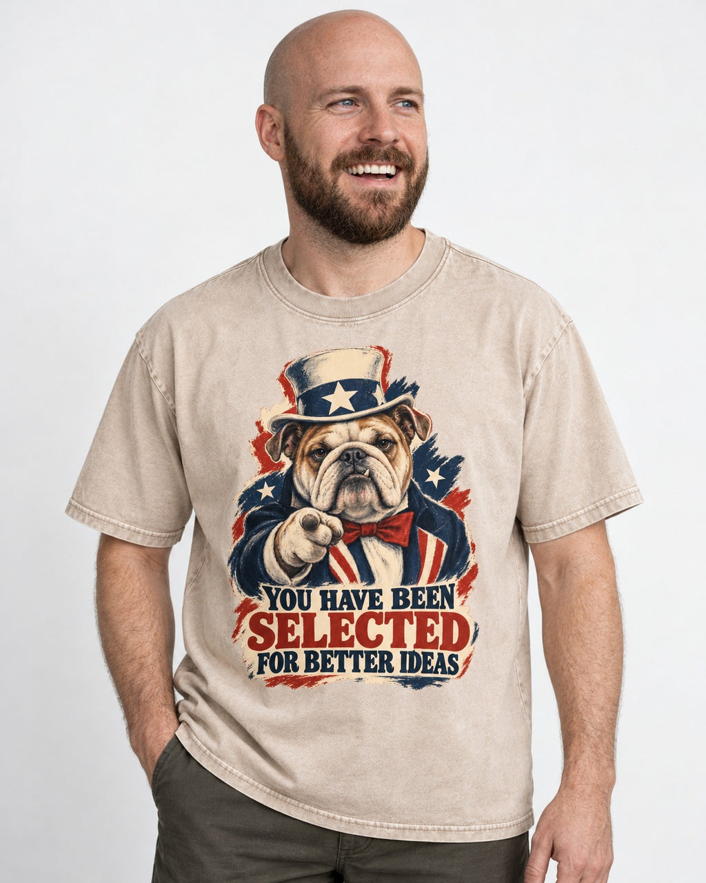 English Bulldog Selected for Better Ideas Washed Tee in Apricot, worn by a model