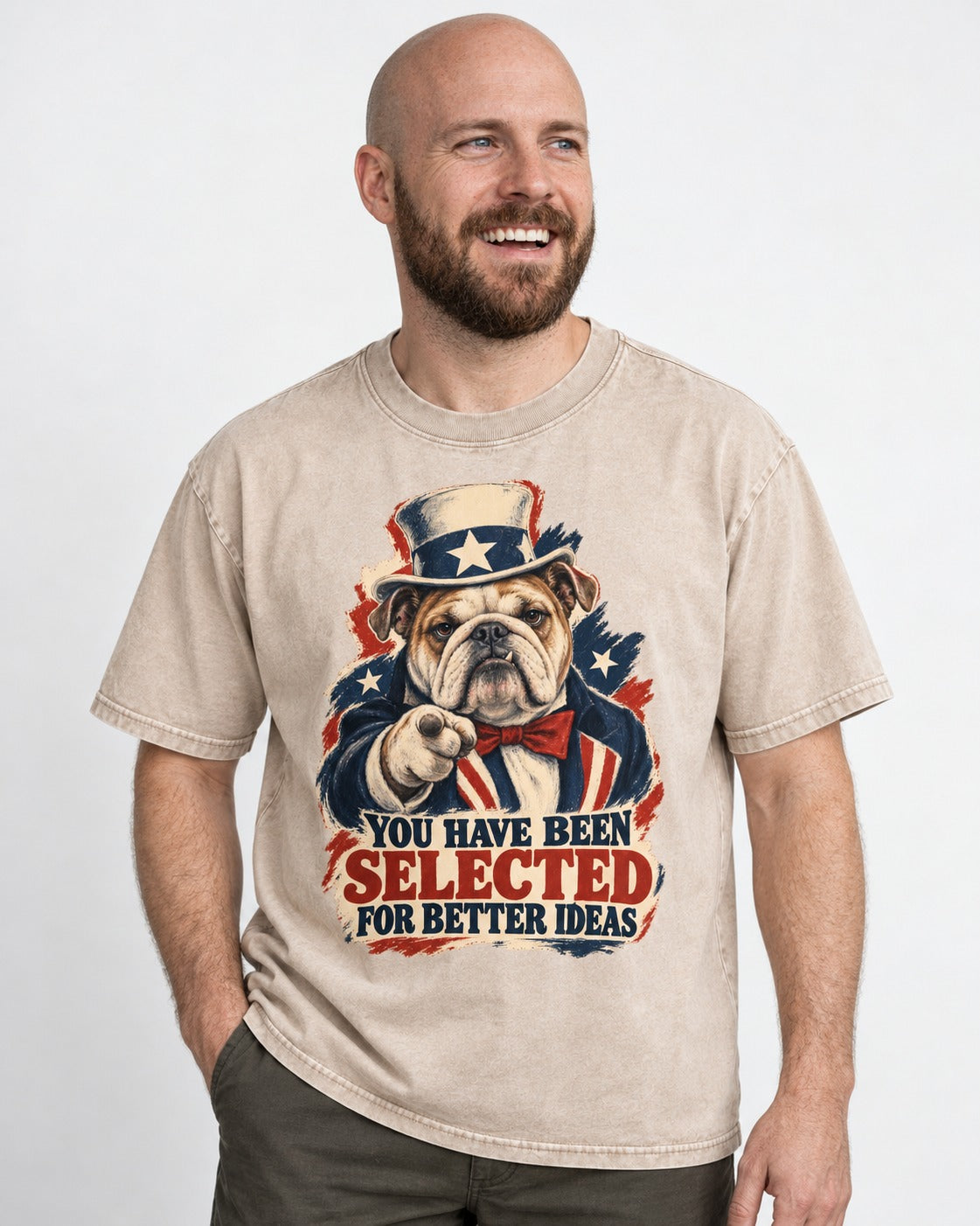 English Bulldog Selected for Better Ideas Washed Tee in Apricot, worn by a model