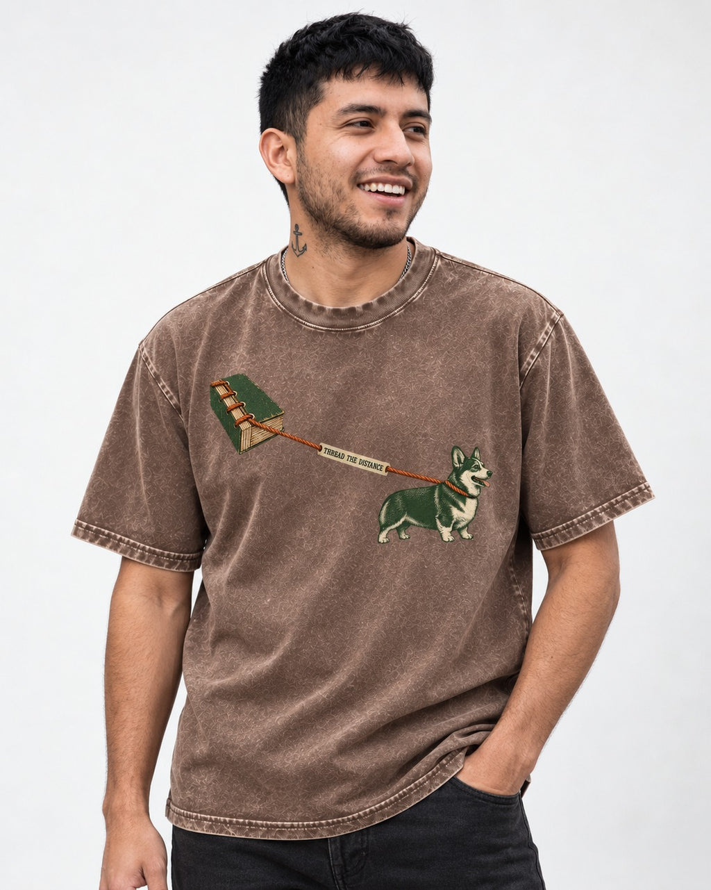 Thread the Distance with Corgi Washed Tee in Coffee, worn by a model
