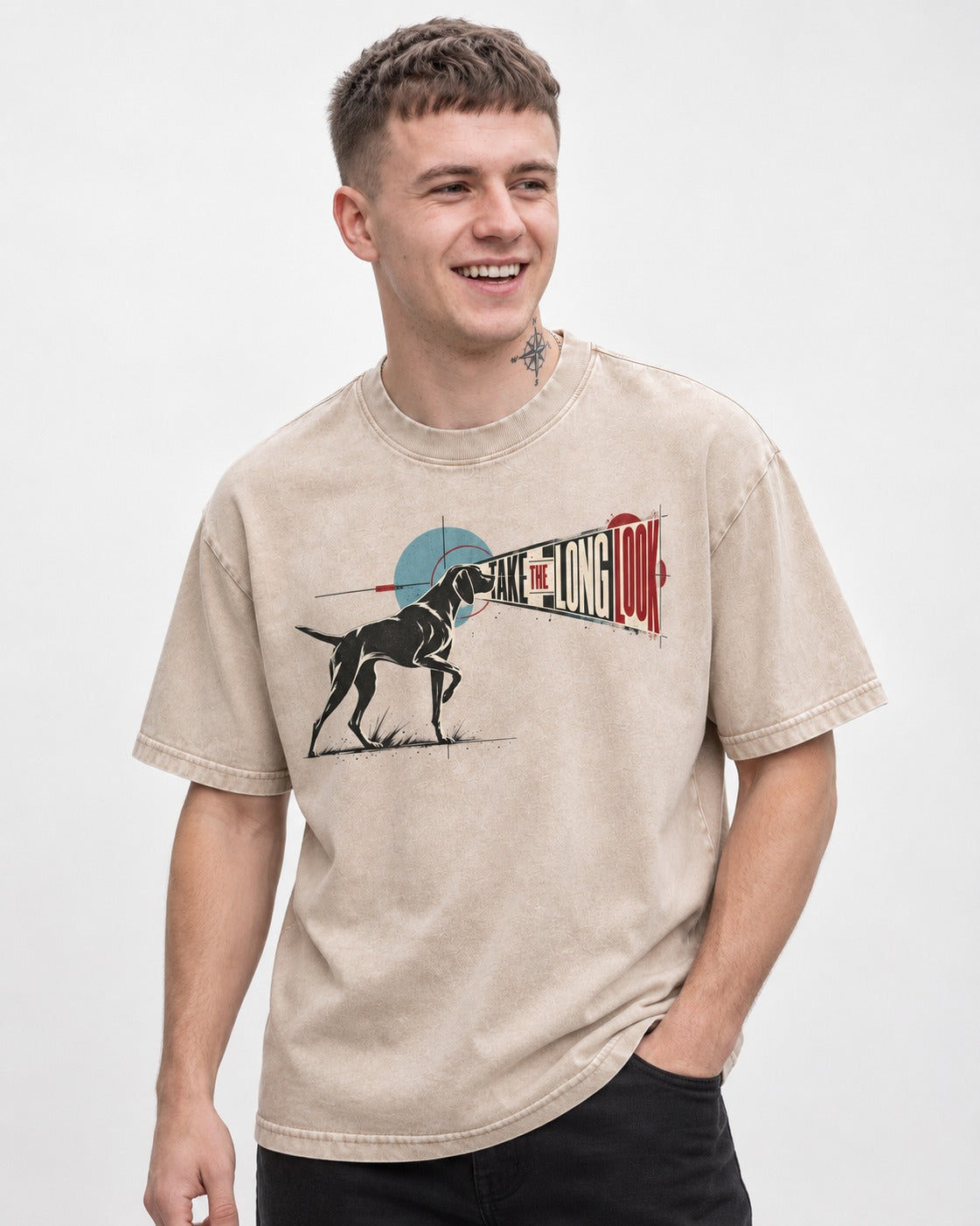 German Shorthaired Pointer Take the Long Look Washed Tee in Apricot, worn by a model