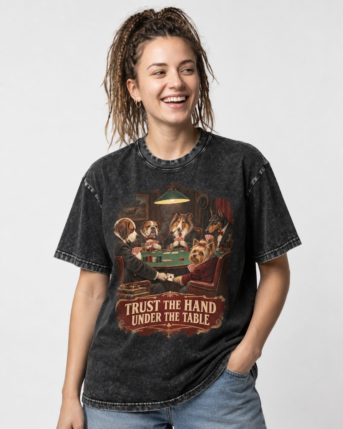 Yorkshire Terrier Trust the Hand Under the Table Poker Dogs Graphic Washed Tee in Black, worn by a model