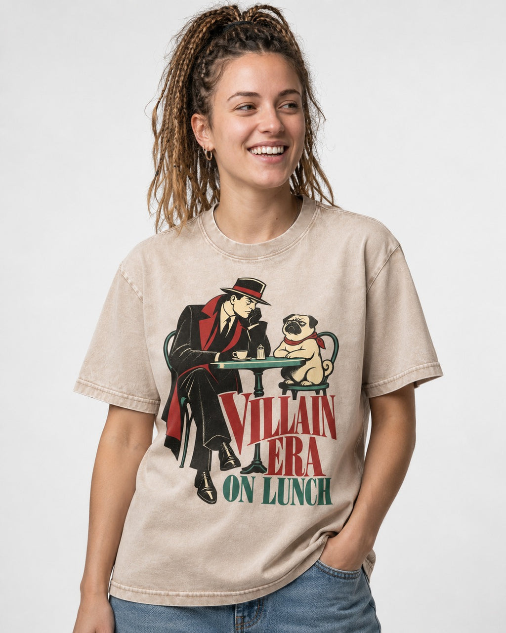 Pug Villain Era Washed Tee in Apricot, worn by a model
