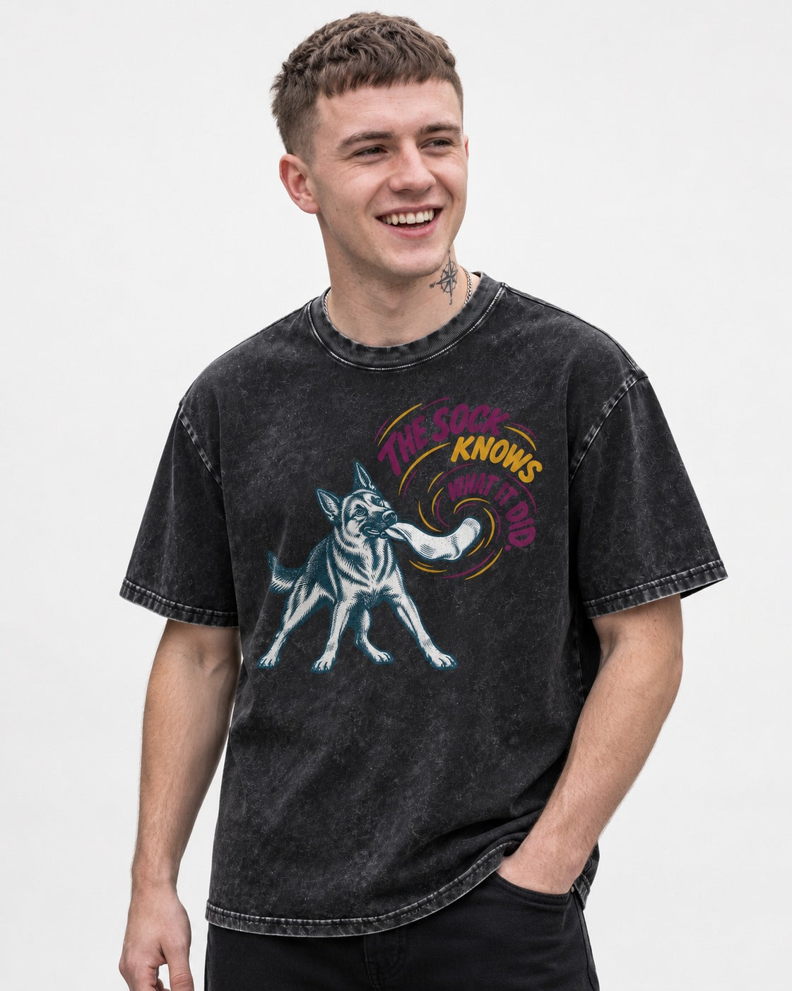 German Shepherd Dog The Sock Knows What I Did Graphic Washed Tee in Black, worn by a model