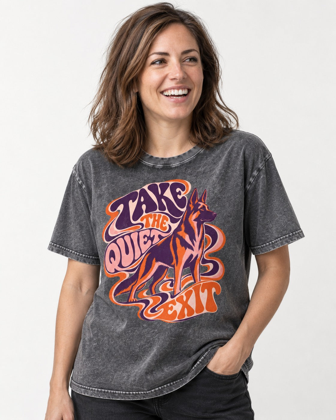 Take The Quiet Exit Psychedelic German Shepherd Dog Graphic Washed Tee in Gray, worn by a model
