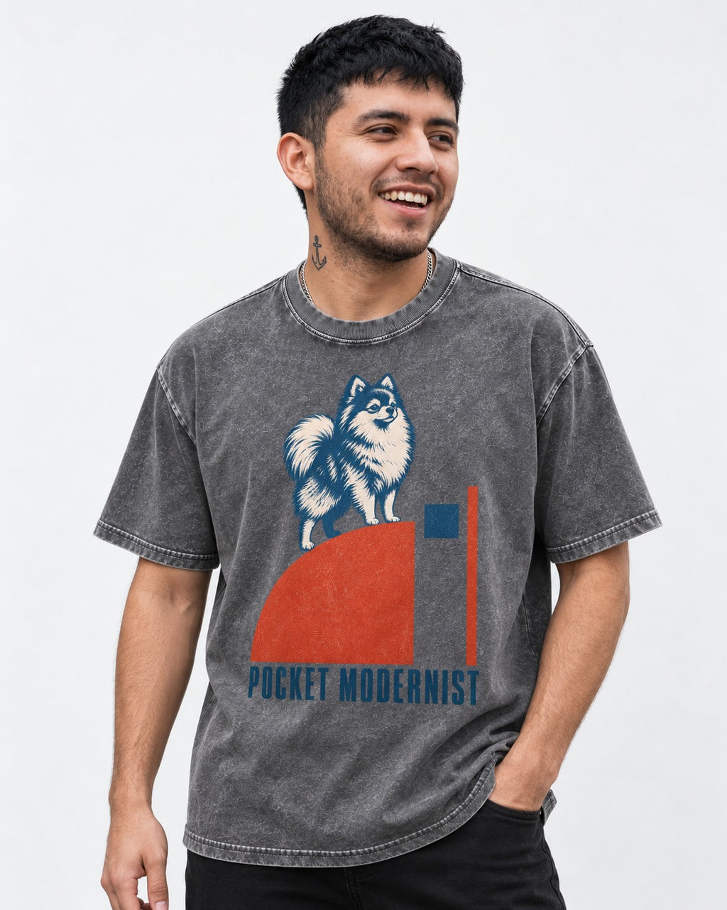 Pocket Modernist Pomeranian Washed Tee in Gray, worn by a model
