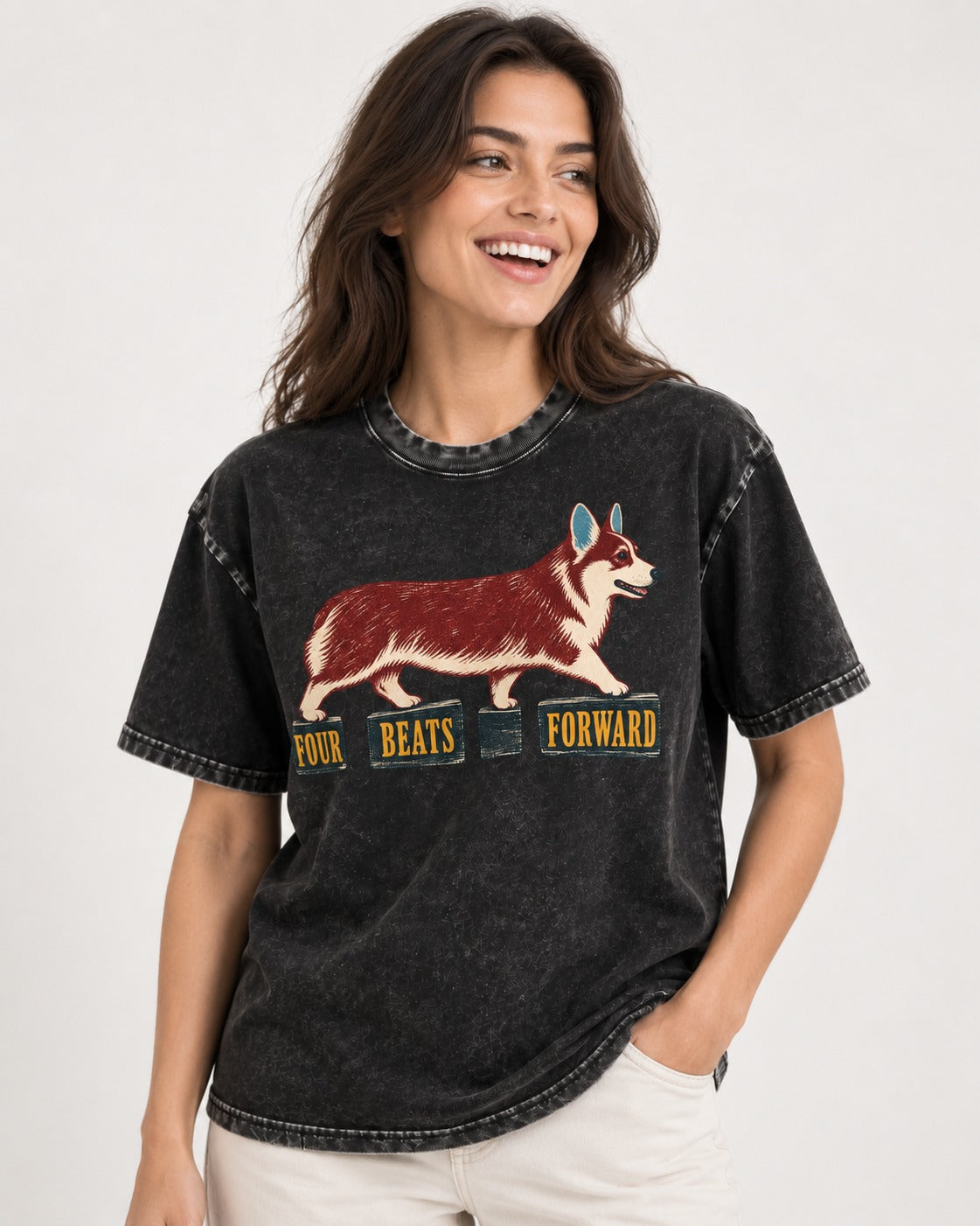 Corgi Four Beats Forward Washed Tee in Black, worn by a model