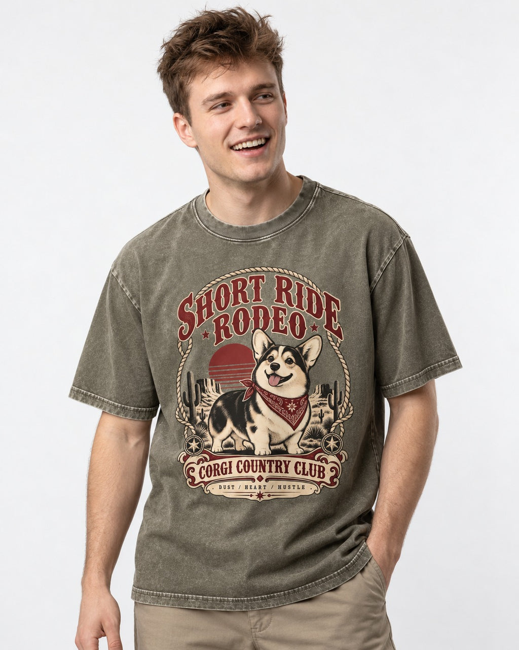 Corgi Short Ride Rodeo Country Club Badge Washed Tee in Army Green, worn by a model