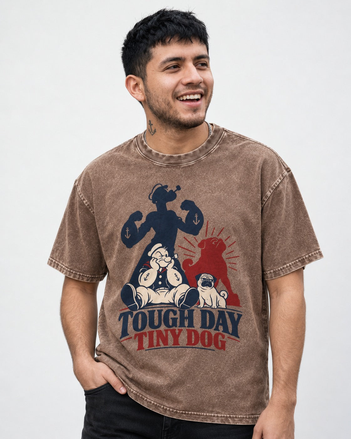 Tough Day Tiny Pug Washed Tee in Coffee, worn by a model