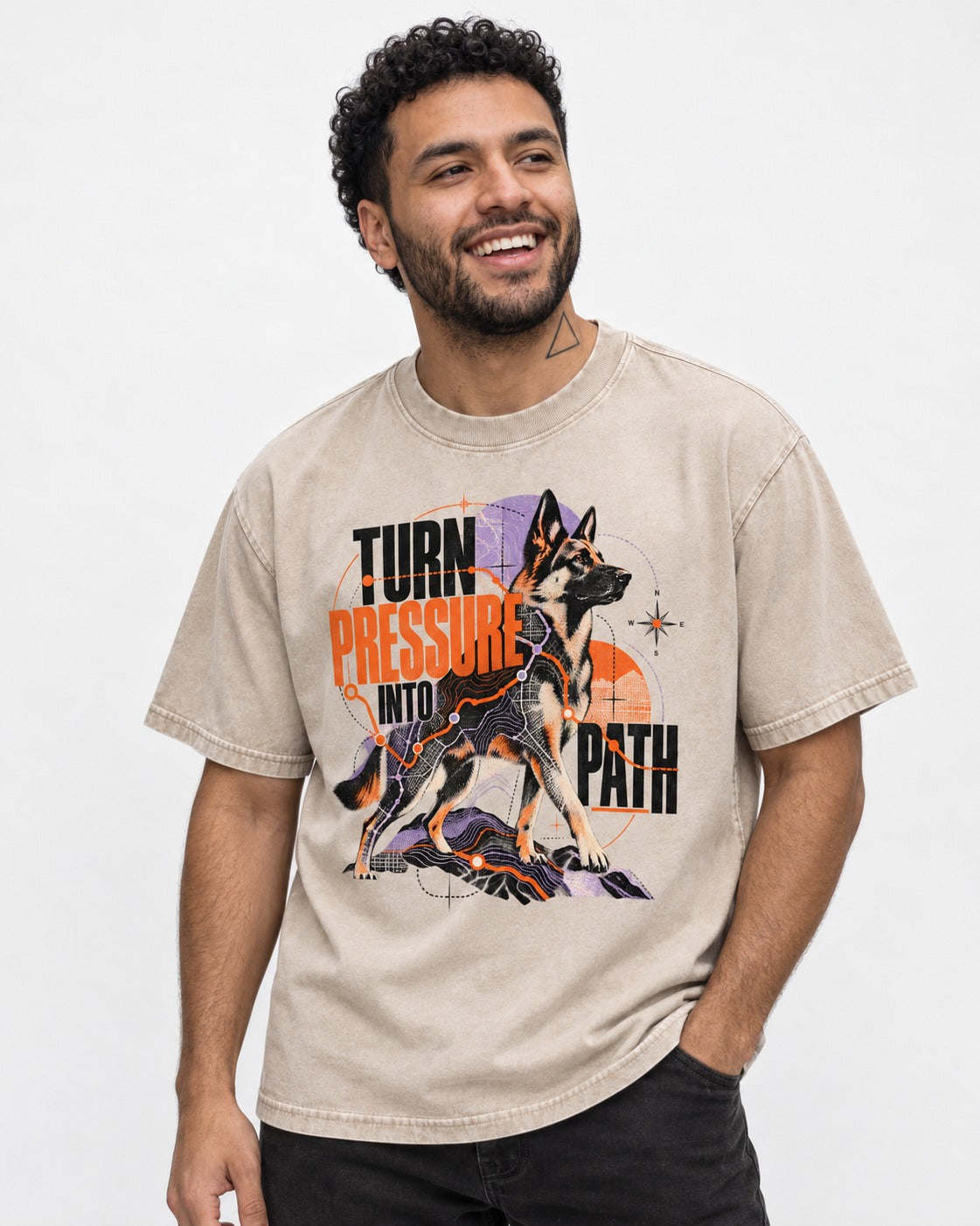 Turn Pressure Into Path German Shepherd Dog Washed Tee in Apricot, worn by a model