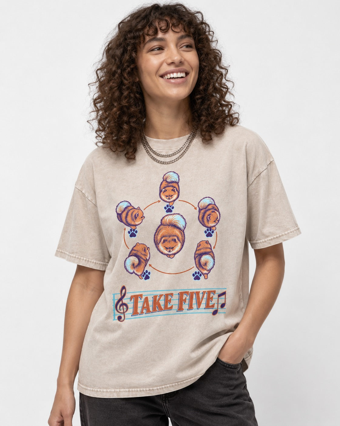 Pomeranian Take Five Choreography Cycle Graphic Washed Tee in Apricot, worn by a model