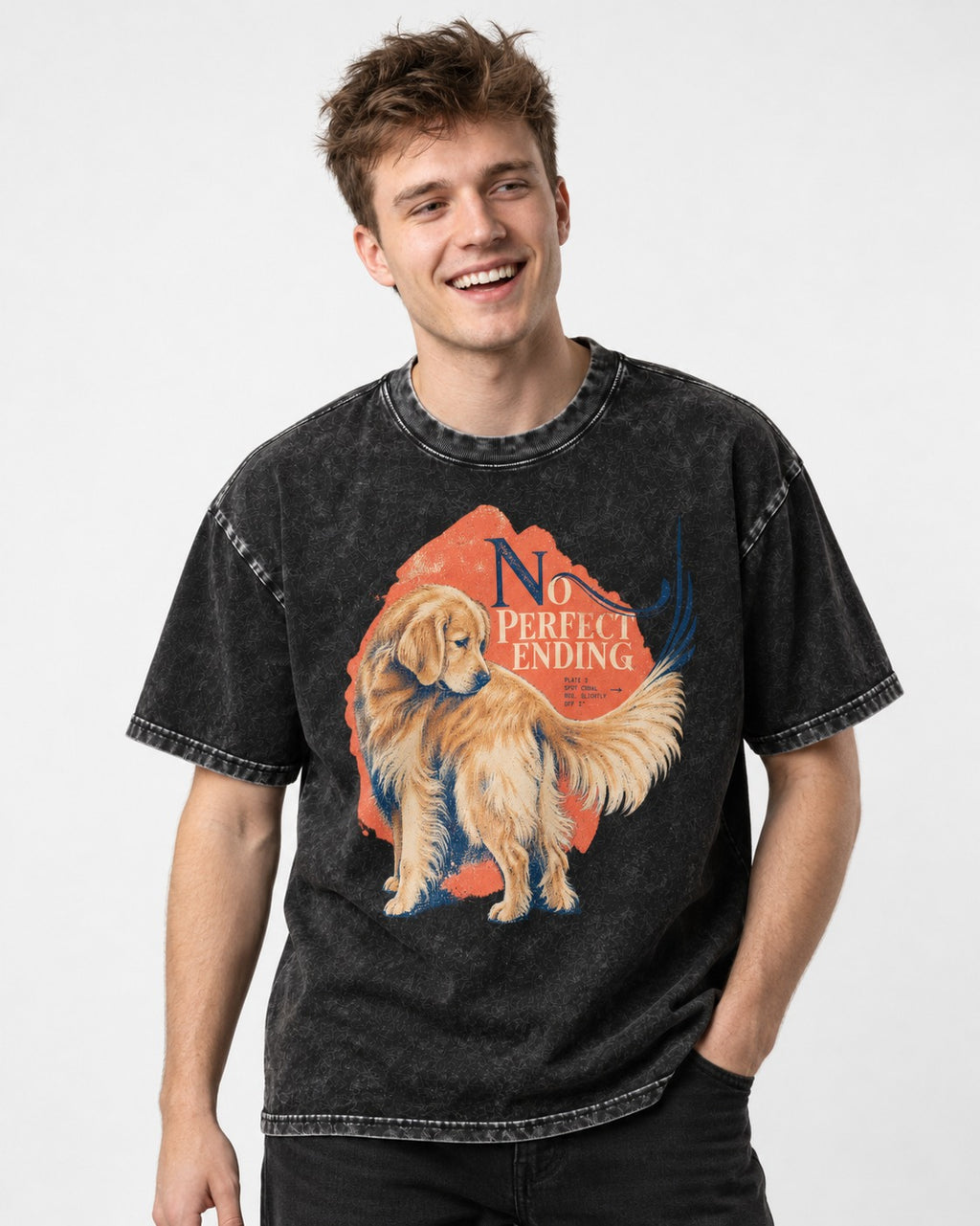 Golden Retriever No Perfect Ending Misregistration Graphic Washed Tee in Black, worn by a model