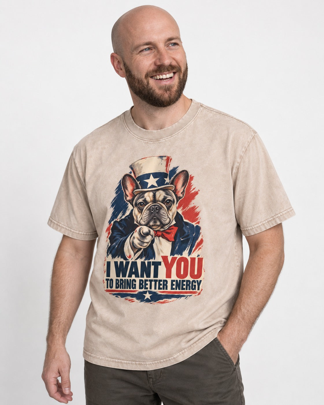 Frenchie I Want You to Bring Better Energy Recruitment Poster Graphic Washed Tee in Apricot, worn by a model