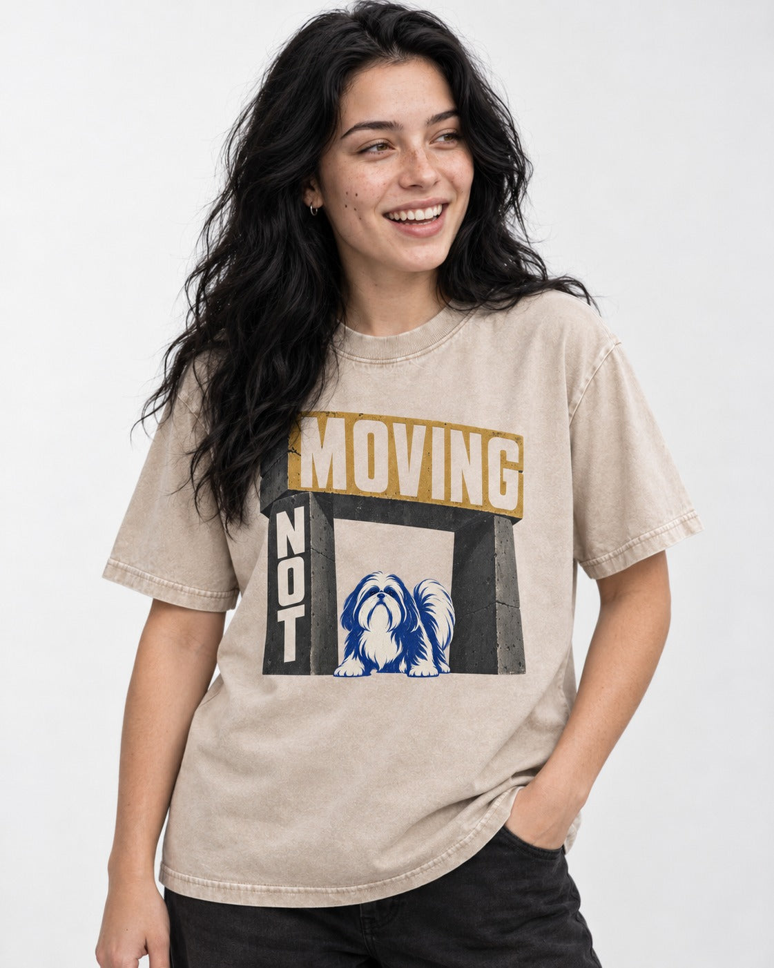 Not Moving Shih Tzu Washed Tee in Apricot, worn by a model
