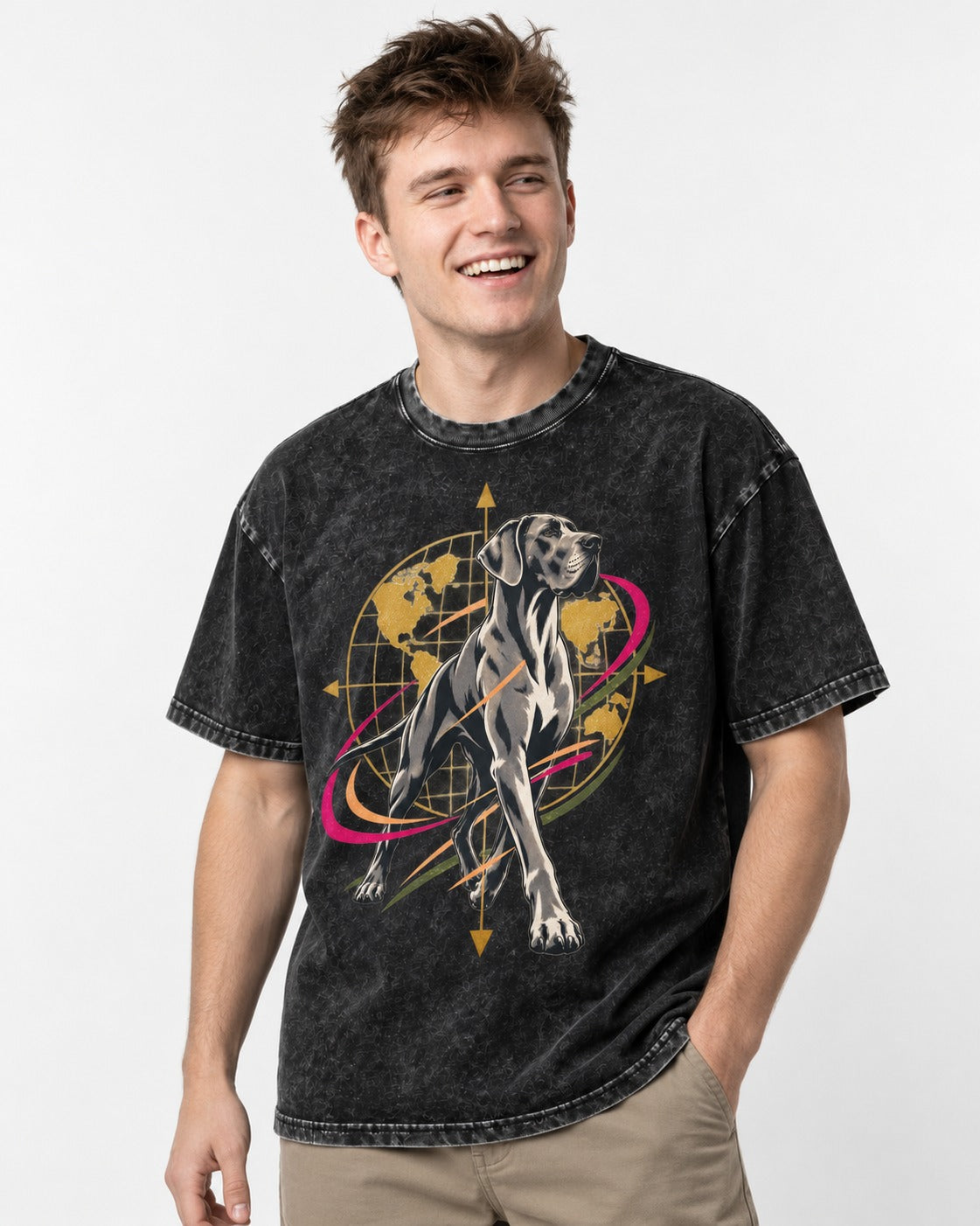 Great Dane Striding Globe Orbit Graphic Washed Tee in Black, worn by a model