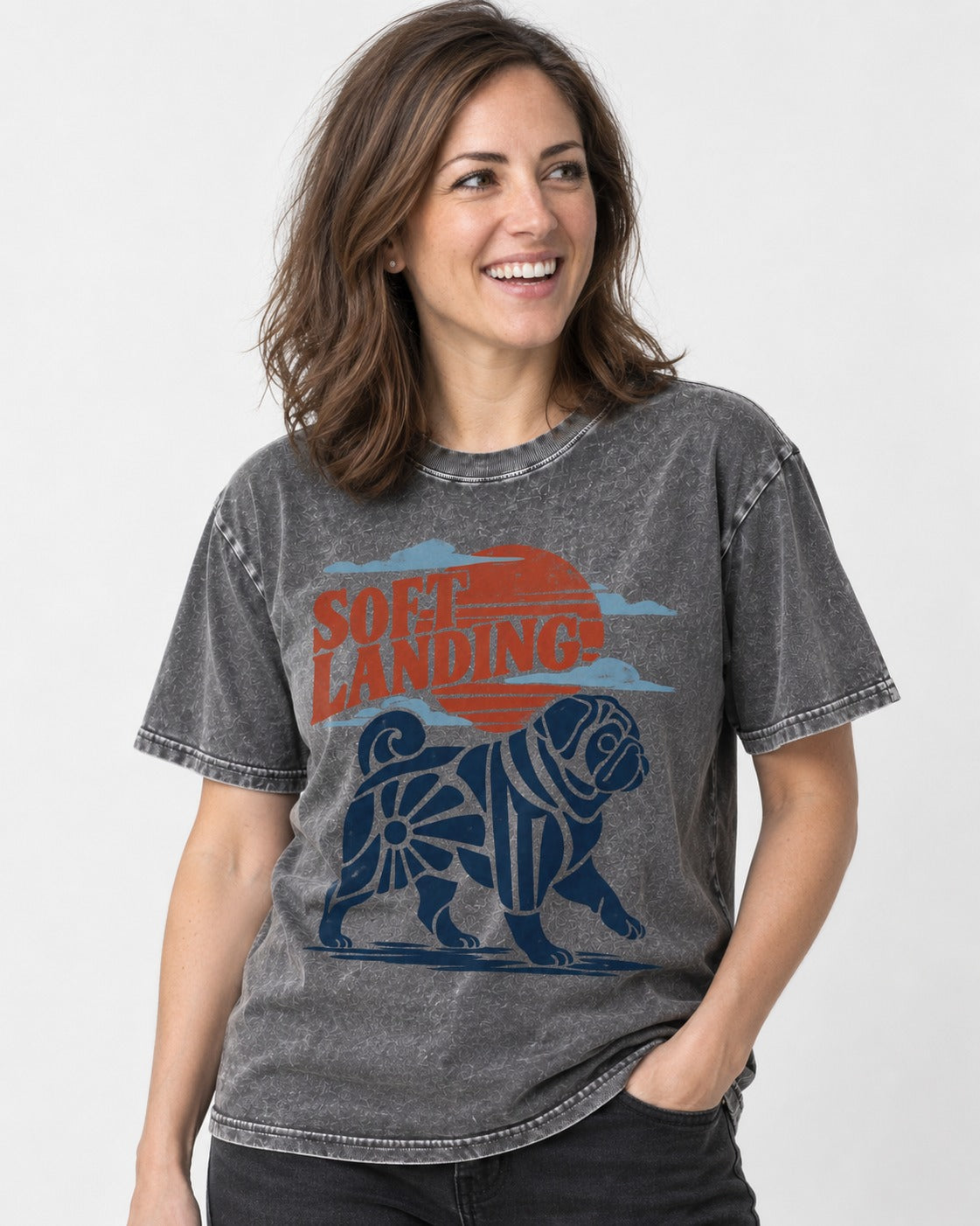 Pug's Soft Landing Washed Tee in Gray, worn by a model