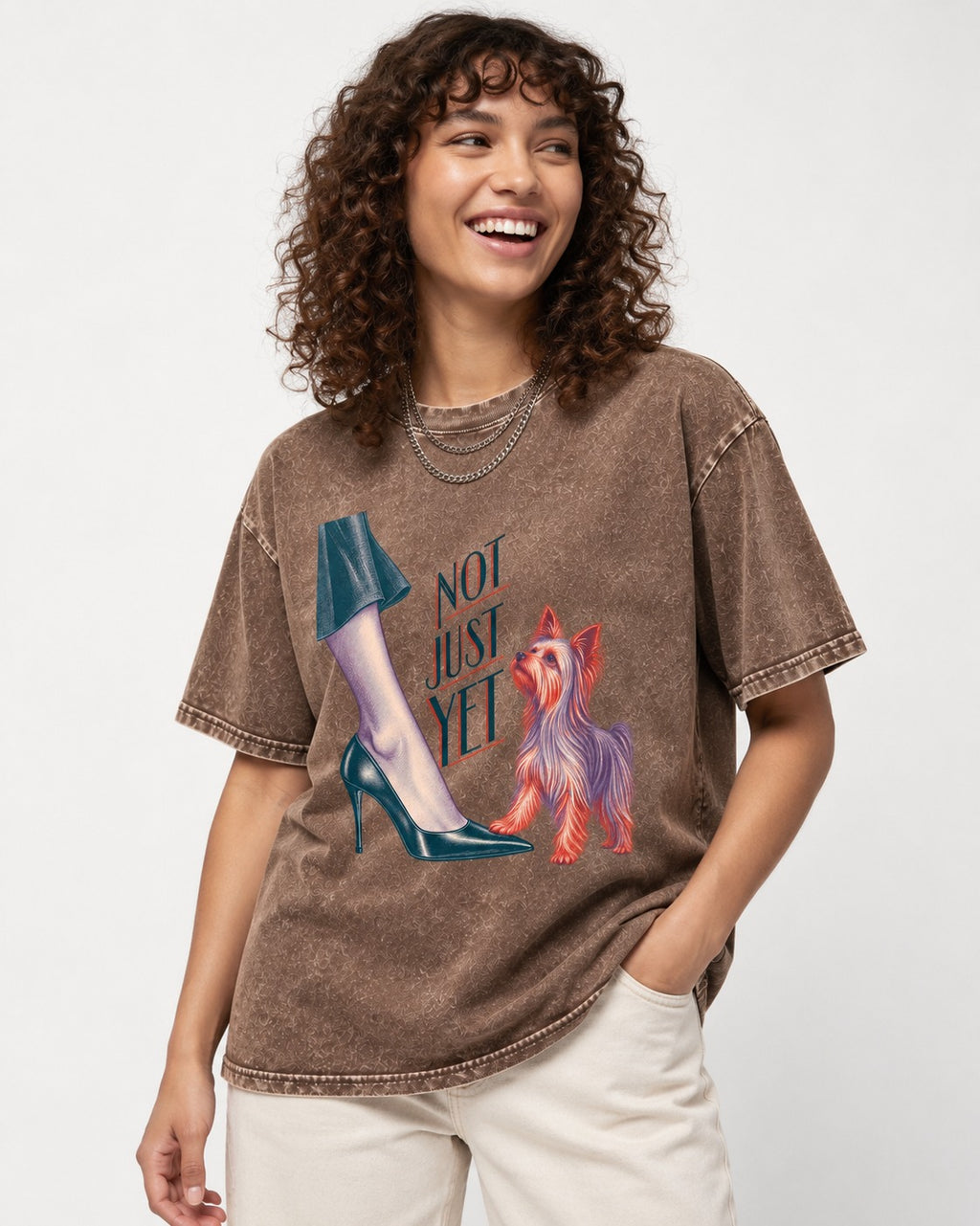 Not Just Yet Yorkshire Terrier Washed Tee in Coffee, worn by a model