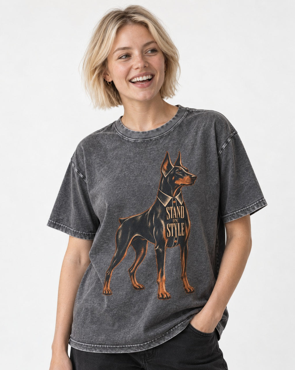Doberman Stand in Style Suit Graphic Washed Tee in Gray, worn by a model