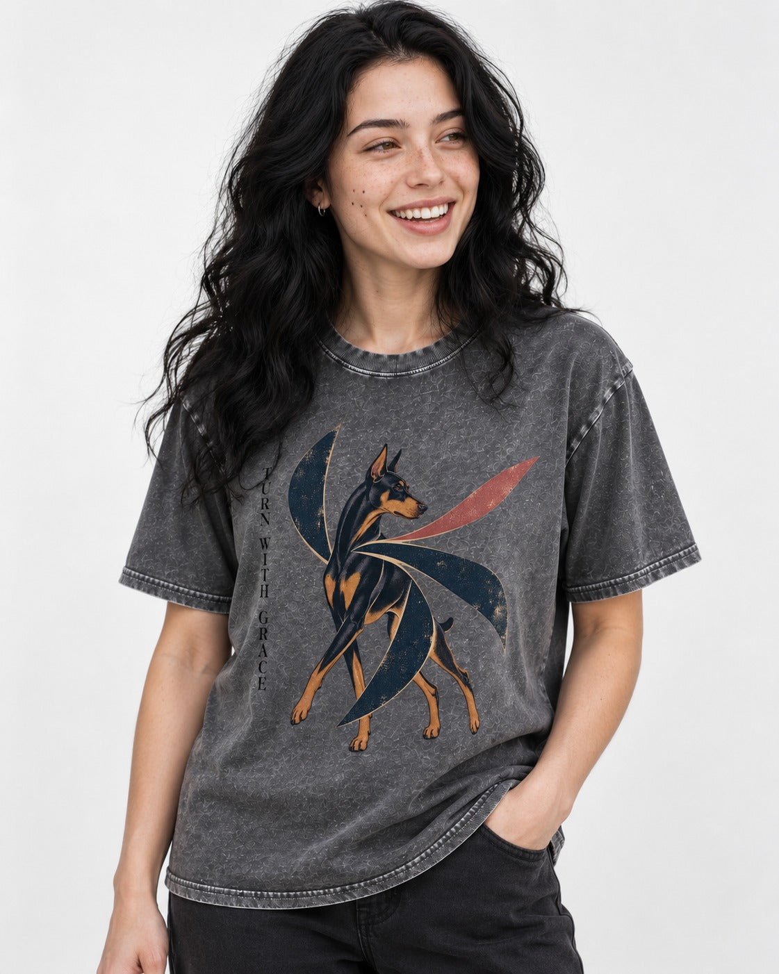 Turn with Doberman Grace Washed Tee in Gray, worn by a model