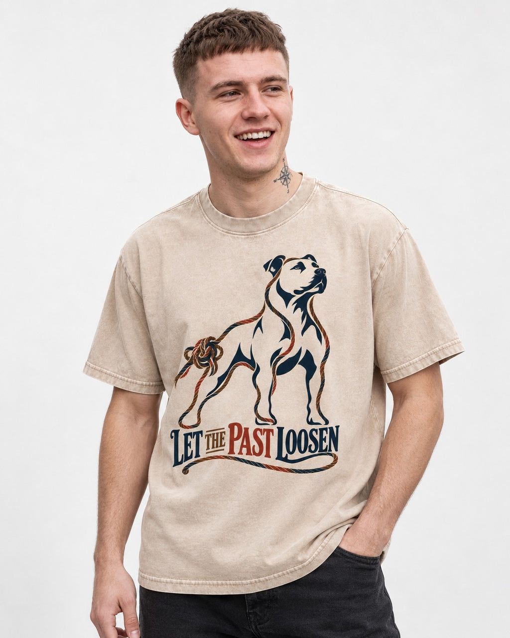 Pitbull Let the Past Loosen Washed Tee in Apricot, worn by a model